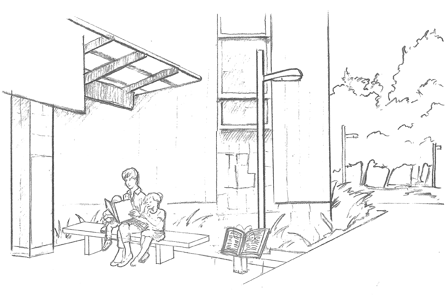 Sketch of Pat Dando Plaza with Statue and Plaque